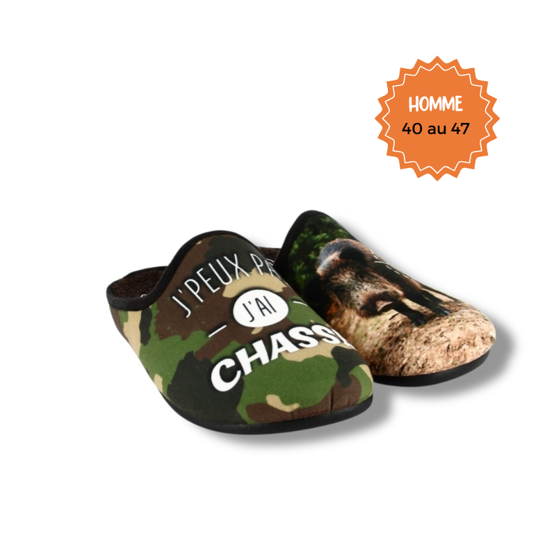 Pantoufles humoristiques chasseur "J'peux pas, j'ai chasse" - Pant'ouf